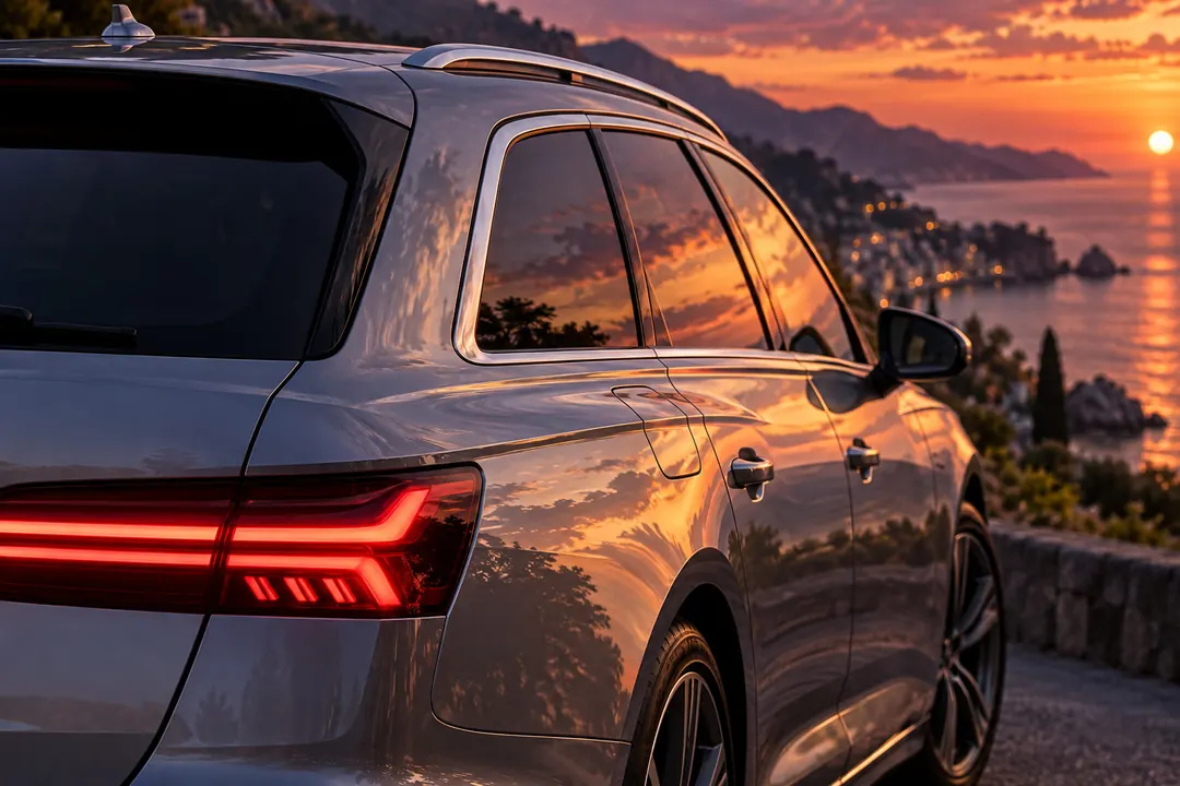 Dettaglio posteriore dell’Audi A6 Avant con i vetri oscurati e il fanale acceso