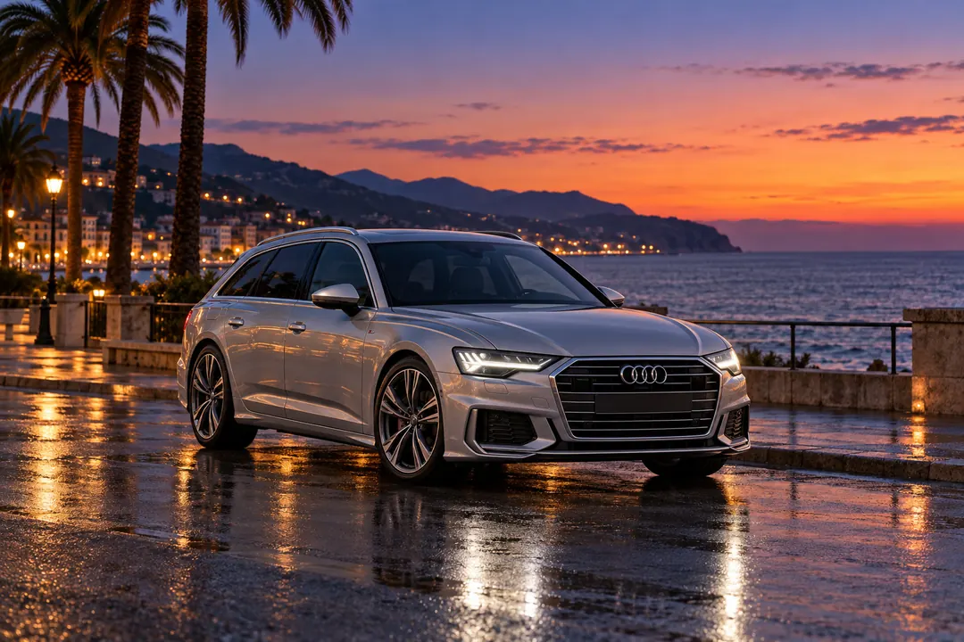 Audi A6 Avant argento sul lungomare al tramonto