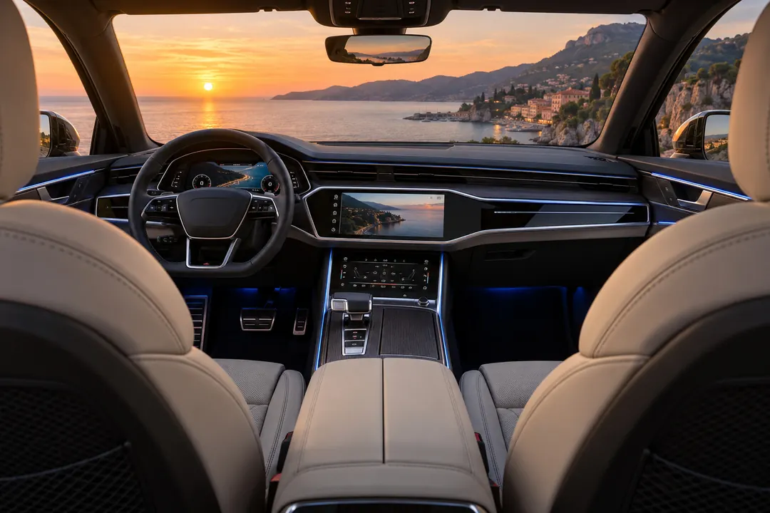 Interni dell’Audi A6 Avant visti dal sedile posteriore, con vista sul mare al tramonto